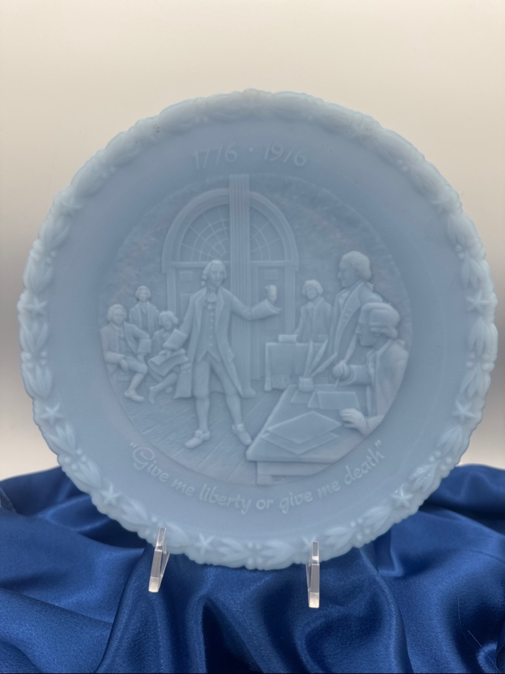 Commemorative Blue Frosted Glass Plate - "Give Me Liberty"